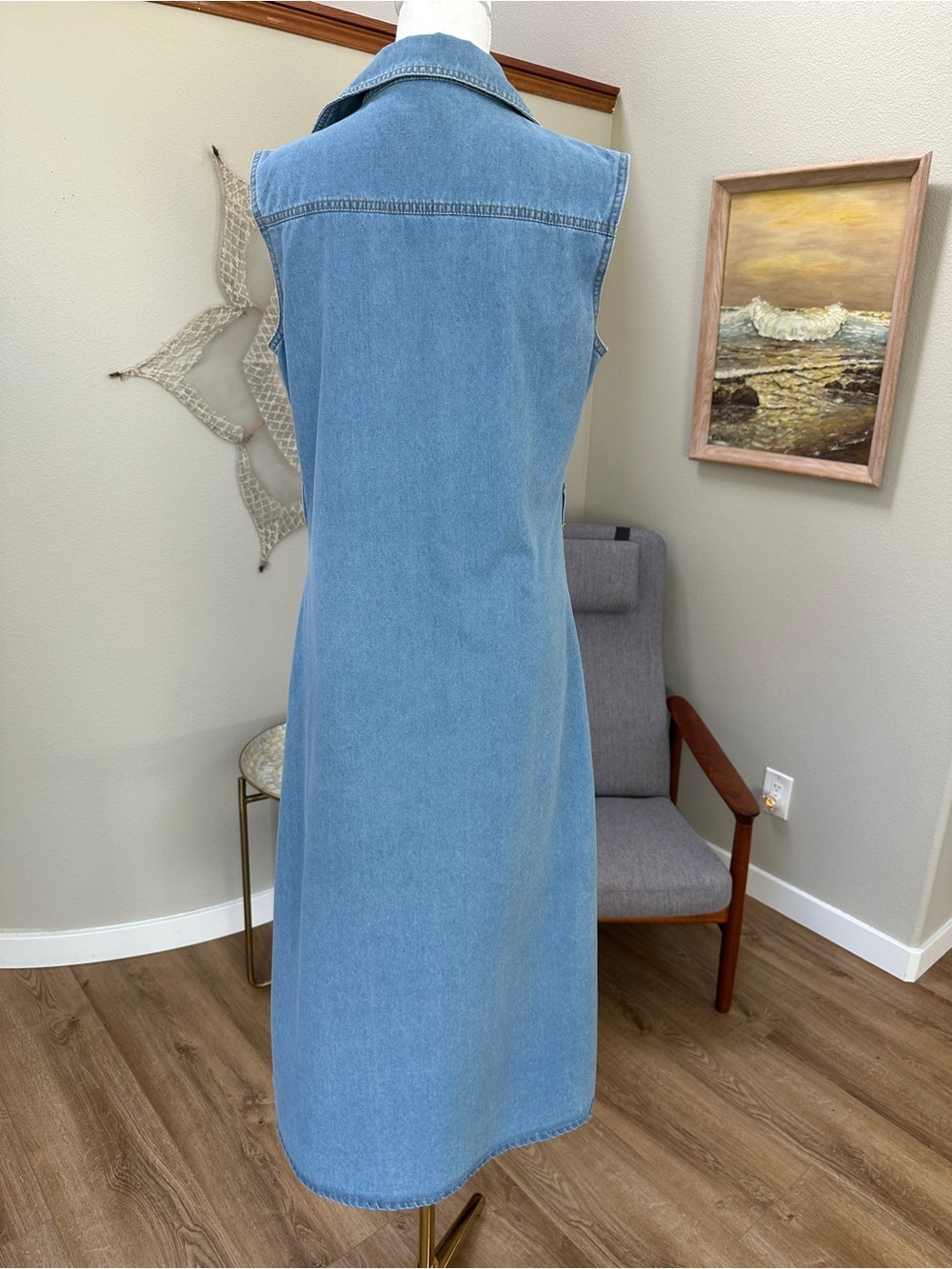 Sleeveless Button-Front A line fit in flare stretchy Denim midi Dress - Picture 4 of 10